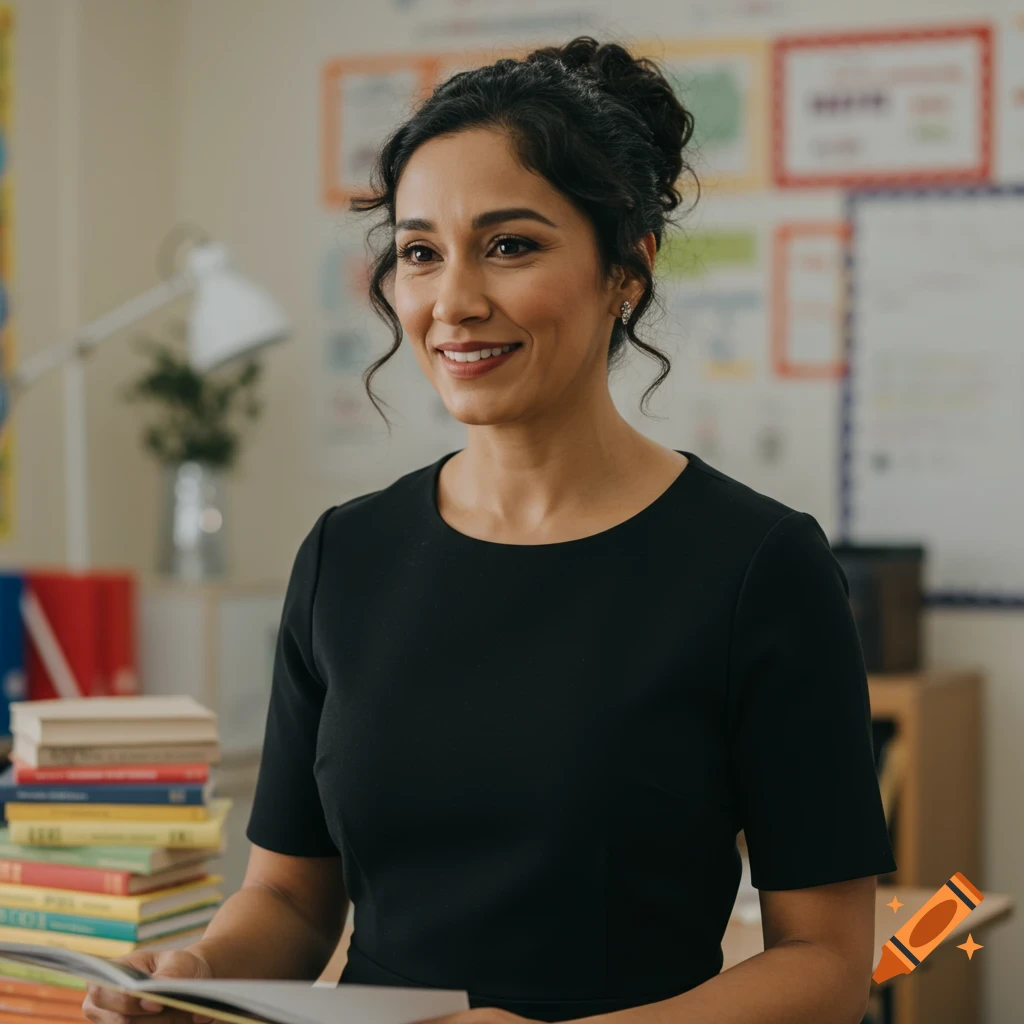 Smiling Latina teacher in a classroom, holding a book.