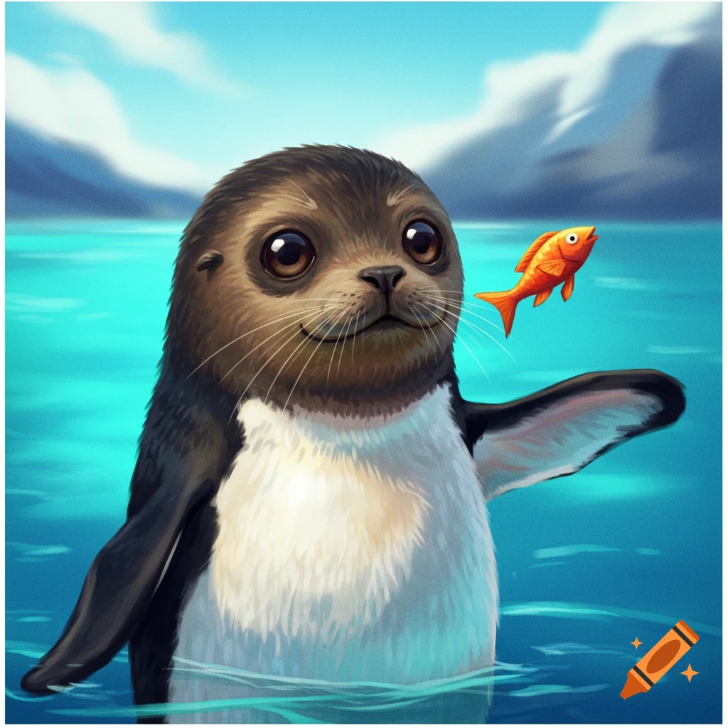 A stylized depiction of a seal-penguin hybrid reaching for an orange fish in the water.