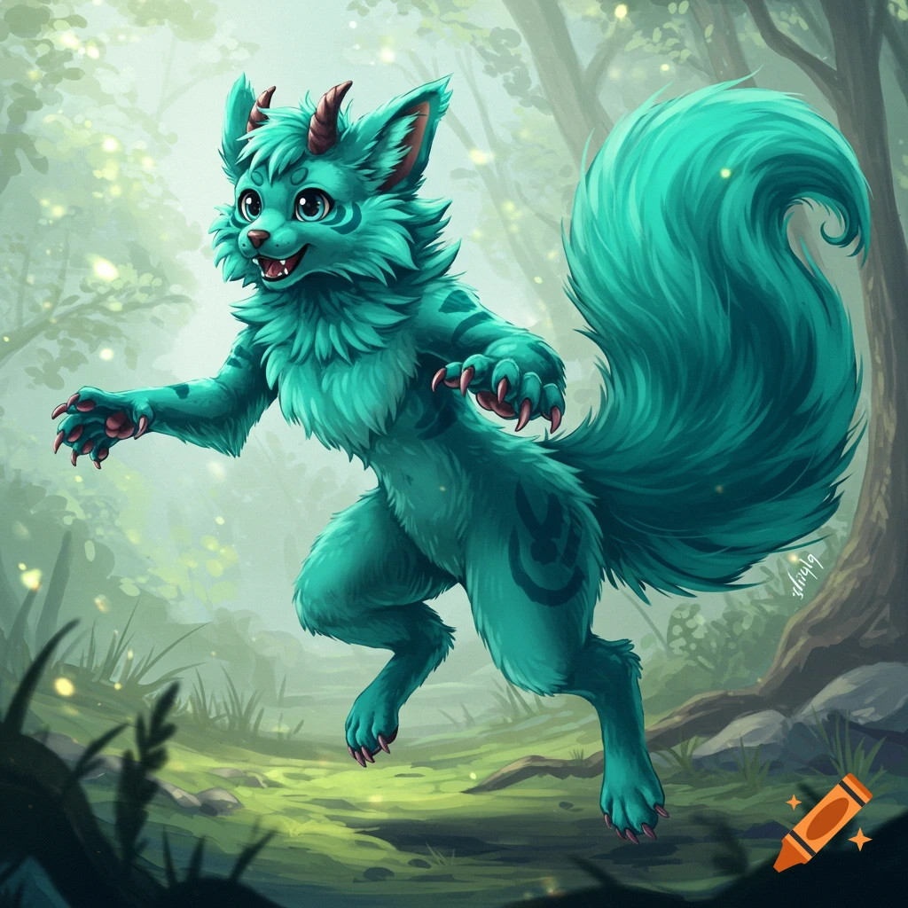 A teal kemono furry creature with horns and claws runs through a forest.