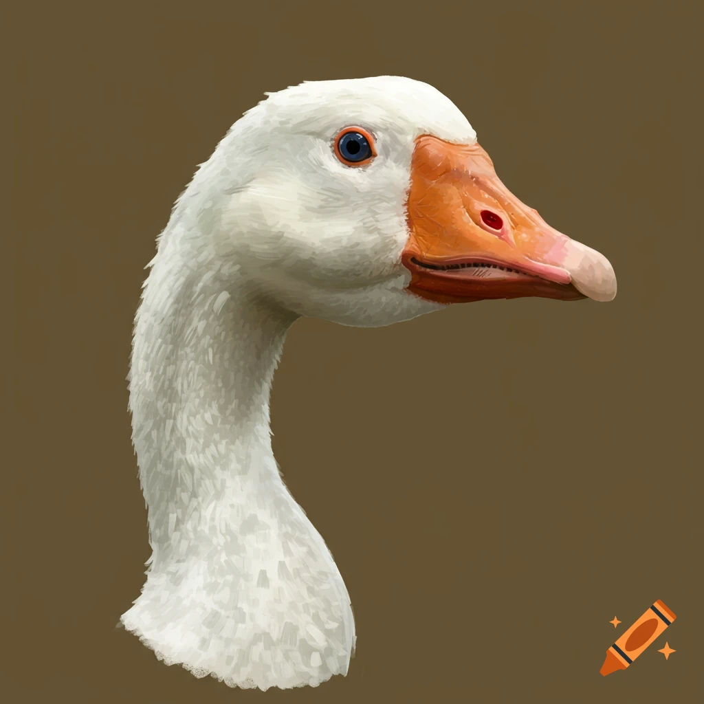 Close-up of a white goose head with an orange beak and blue eye on a brown background.