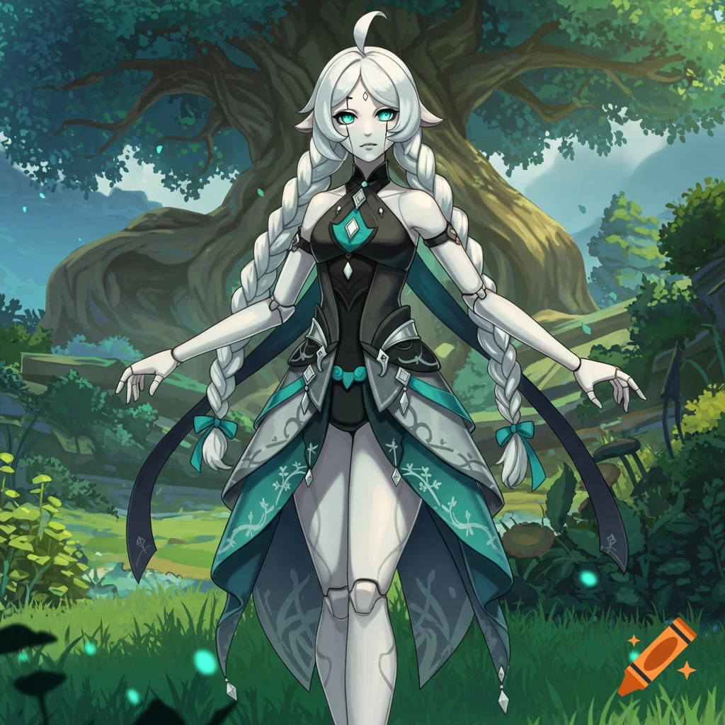 Anime/game style illustration of a white robot girl with braids in a forest.