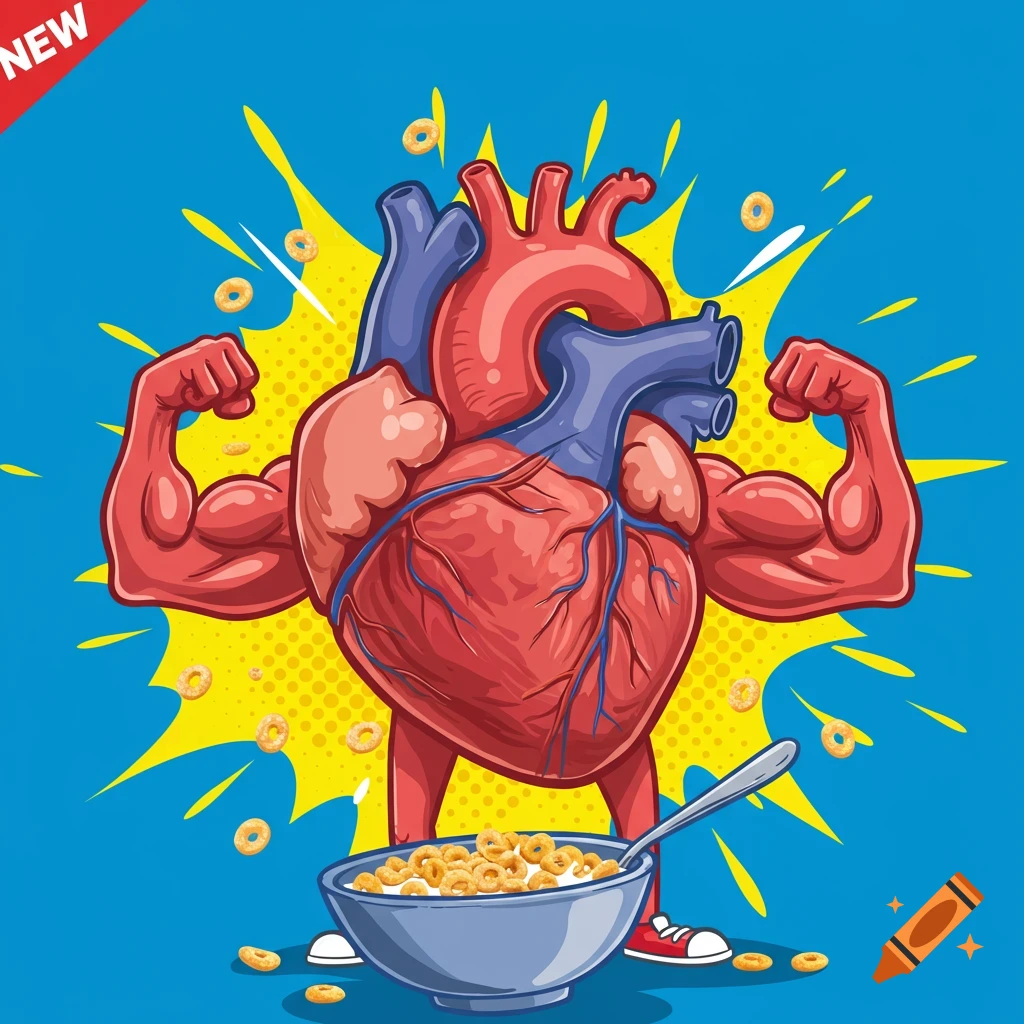 Cartoon muscular heart character with arms and legs standing over a bowl of cereal, stylized with a "NEW" tag.