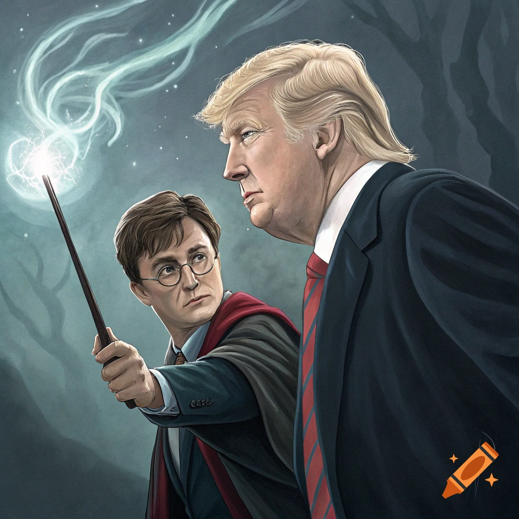 Illustration of Donald Trump and Harry Potter with wands casting spells in a dark forest setting.