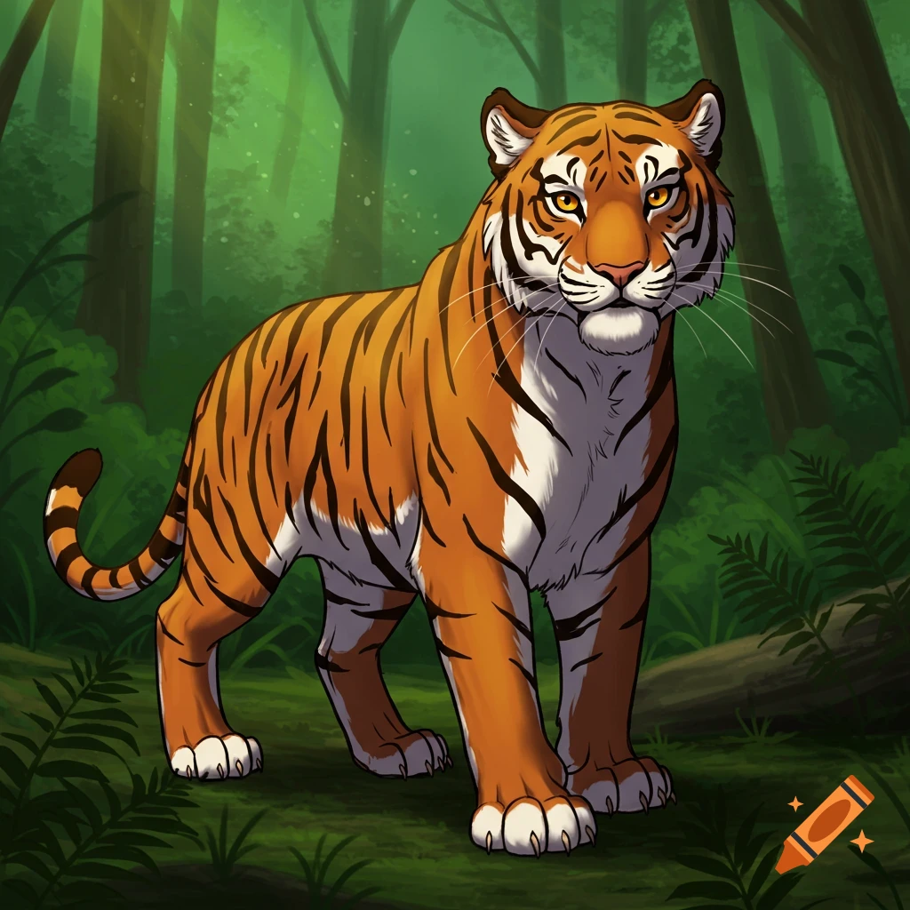 A stylized orange tiger with black stripes stands in a forest clearing.