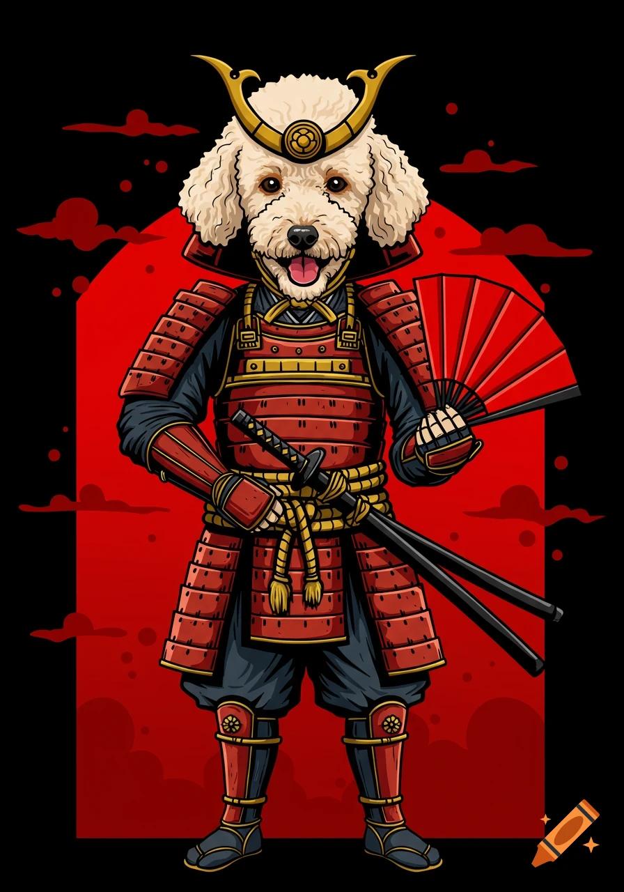 Vector graphic of a poodle dog in samurai armour holding a sword and fan.
