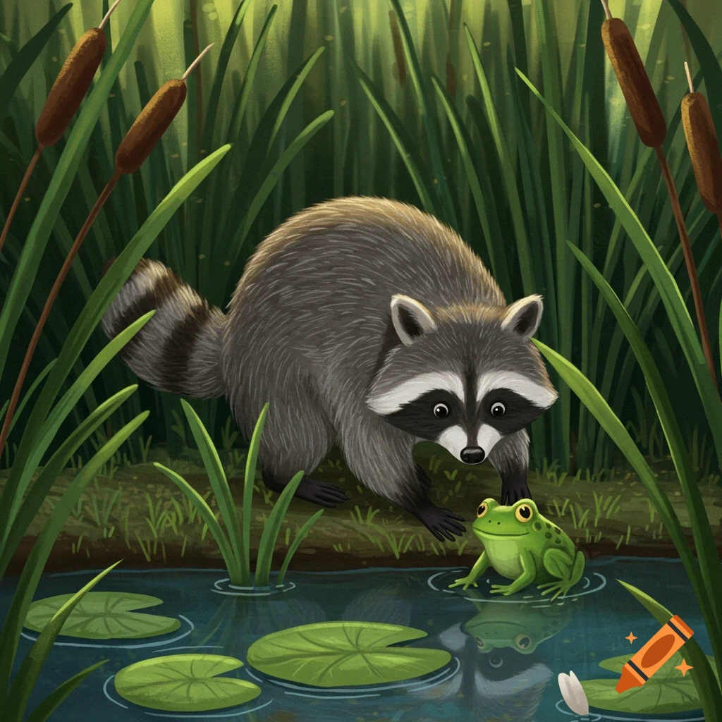 A raccoon interacts with a frog by a pond with lily pads and reeds.
