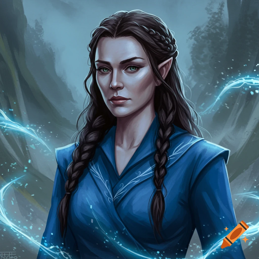 A woman with pointed ears and braids, wearing a blue robe, surrounded by glowing blue magic.