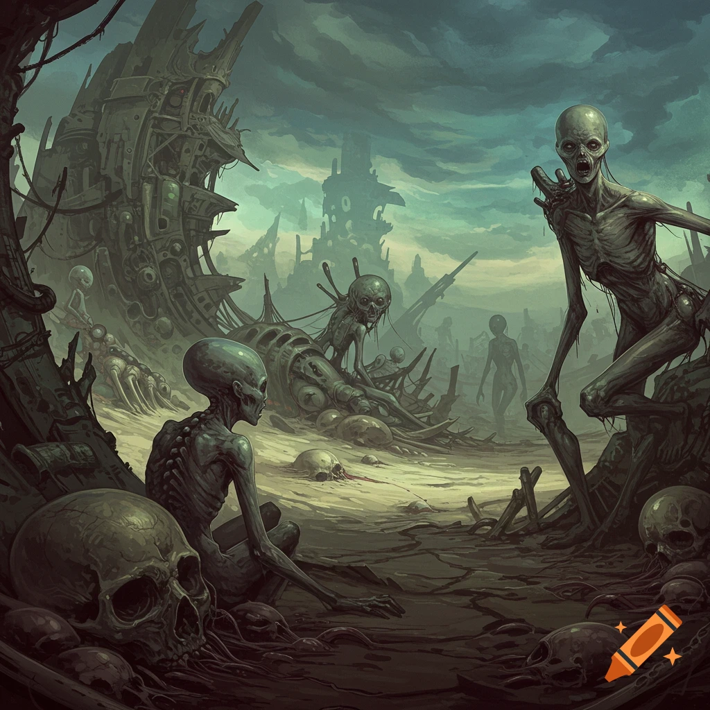 Dark surreal painting of skeletal figures and skulls in a desolate landscape.