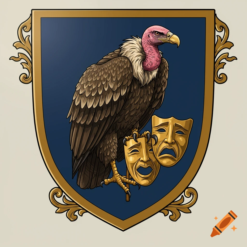 Illustration of a vulture holding comedy and tragedy masks on a shield crest.