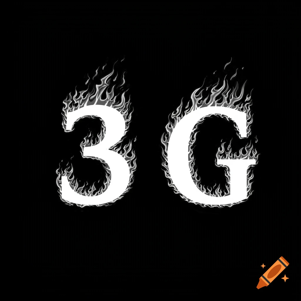 White 3 and G letters with white flames on a black background.