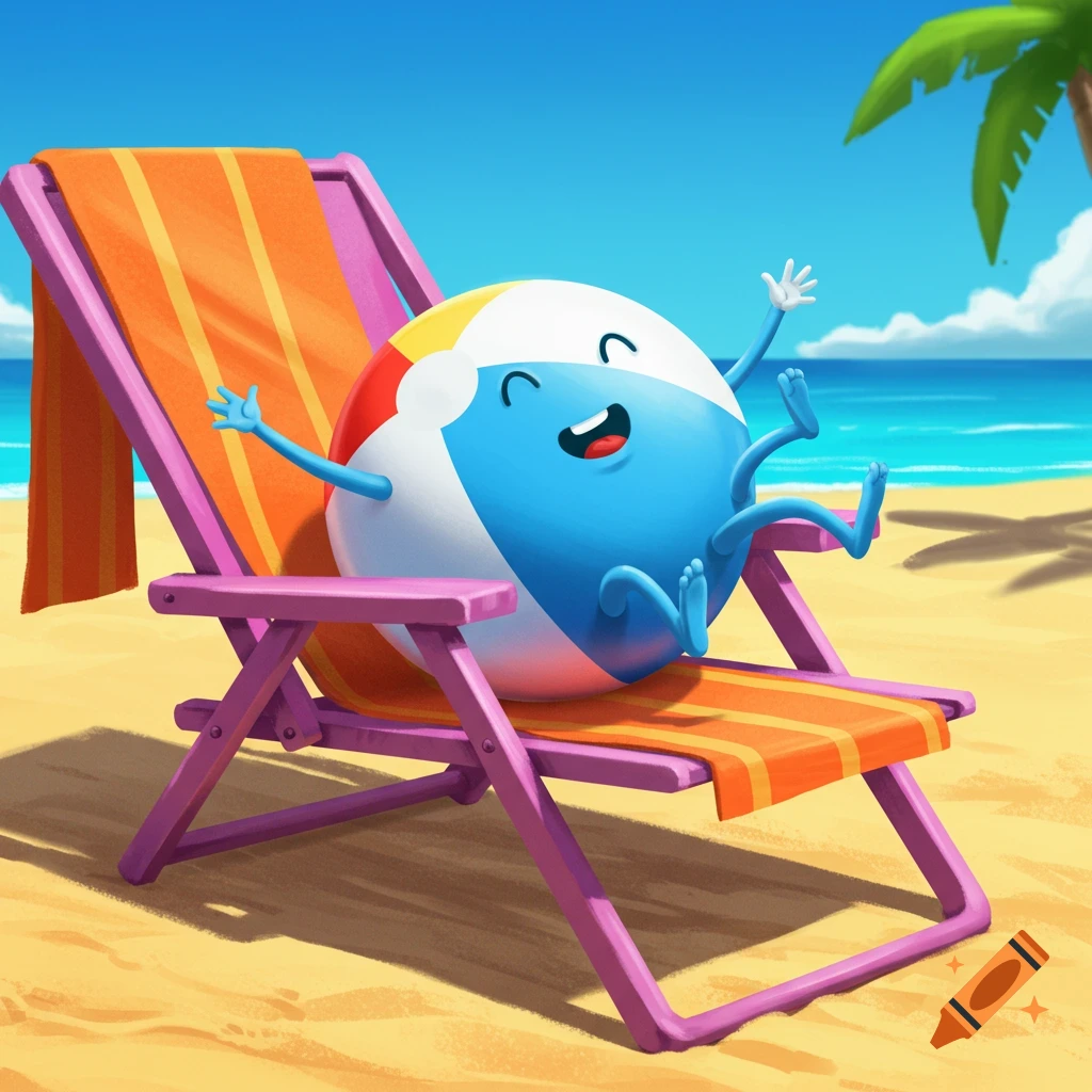 A smiling cartoon beachball with arms and legs is lounging on a beach chair.