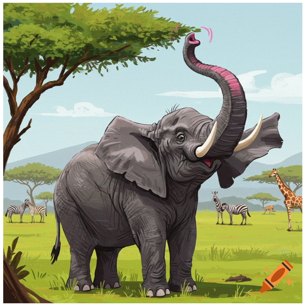 A gray elephant scratches its head with its pink trunk in a savanna with zebras and a giraffe.