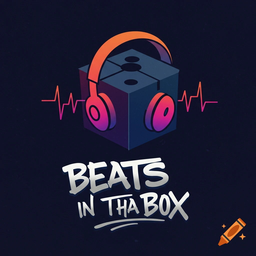 Logo with headphones on a cube, waveform, and text 'BEATS IN THA BOX'.