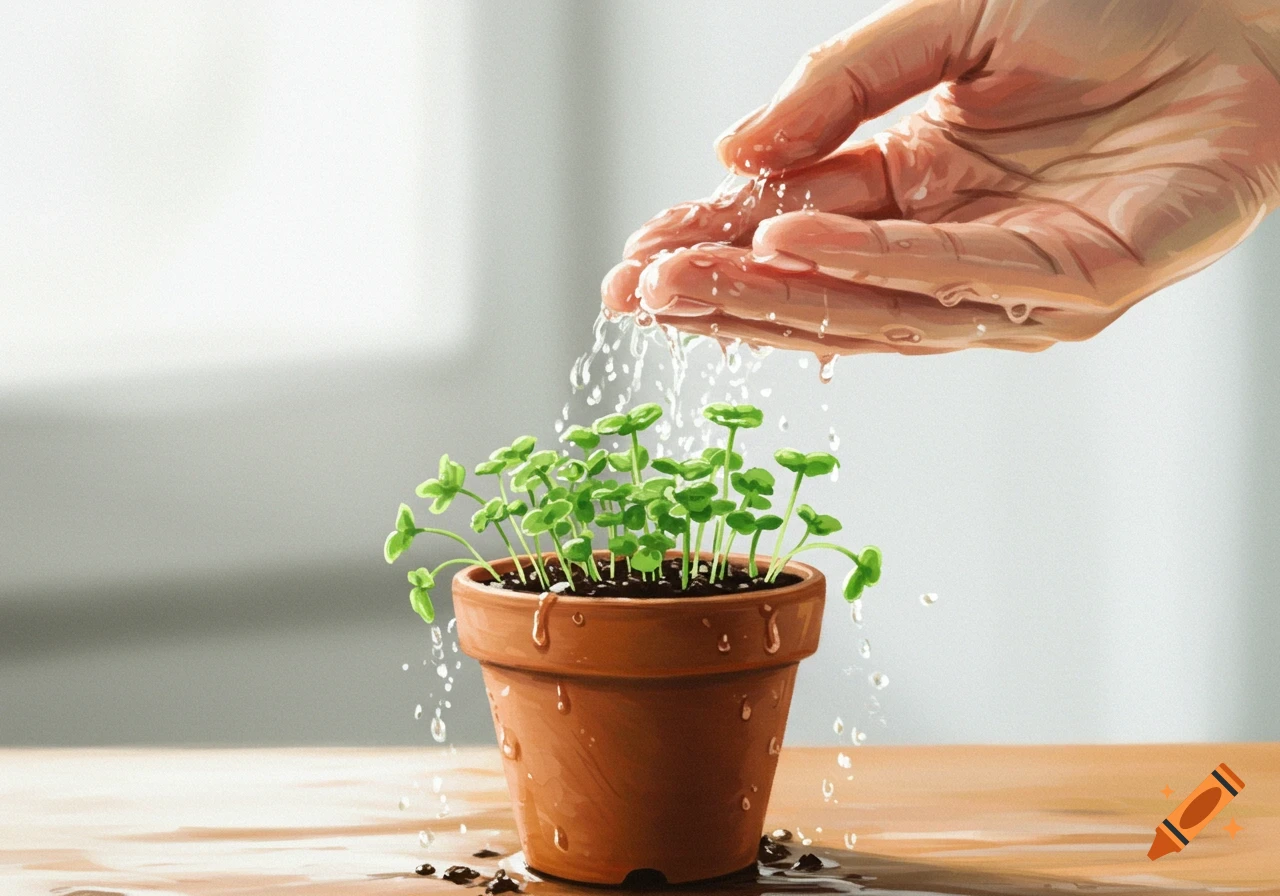 A hand waters a small green plant in a terracotta pot.