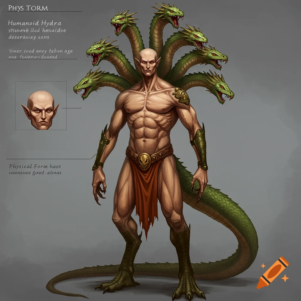 Digital concept art of a humanoid creature with multiple snake heads, muscular torso, and reptilian legs.