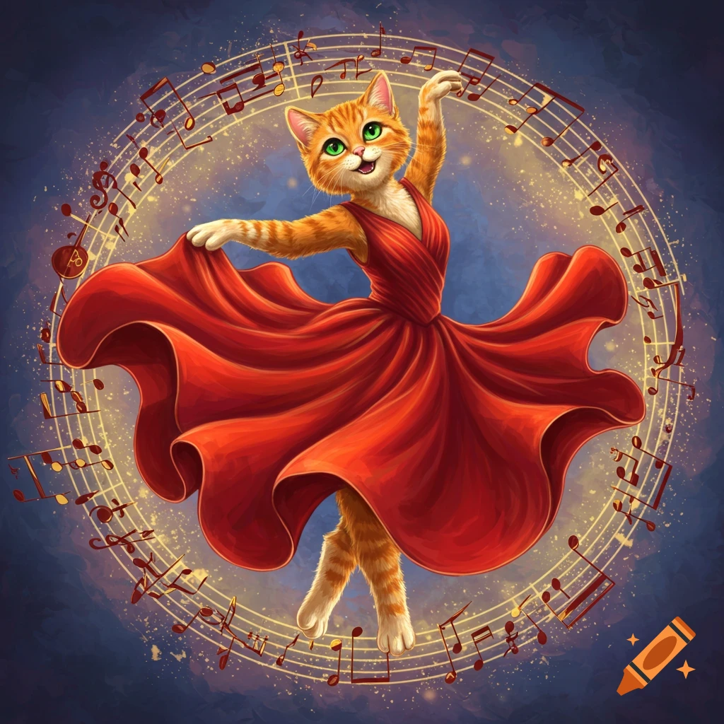 An orange tabby cat in a red dress dances, surrounded by swirling musical notes.