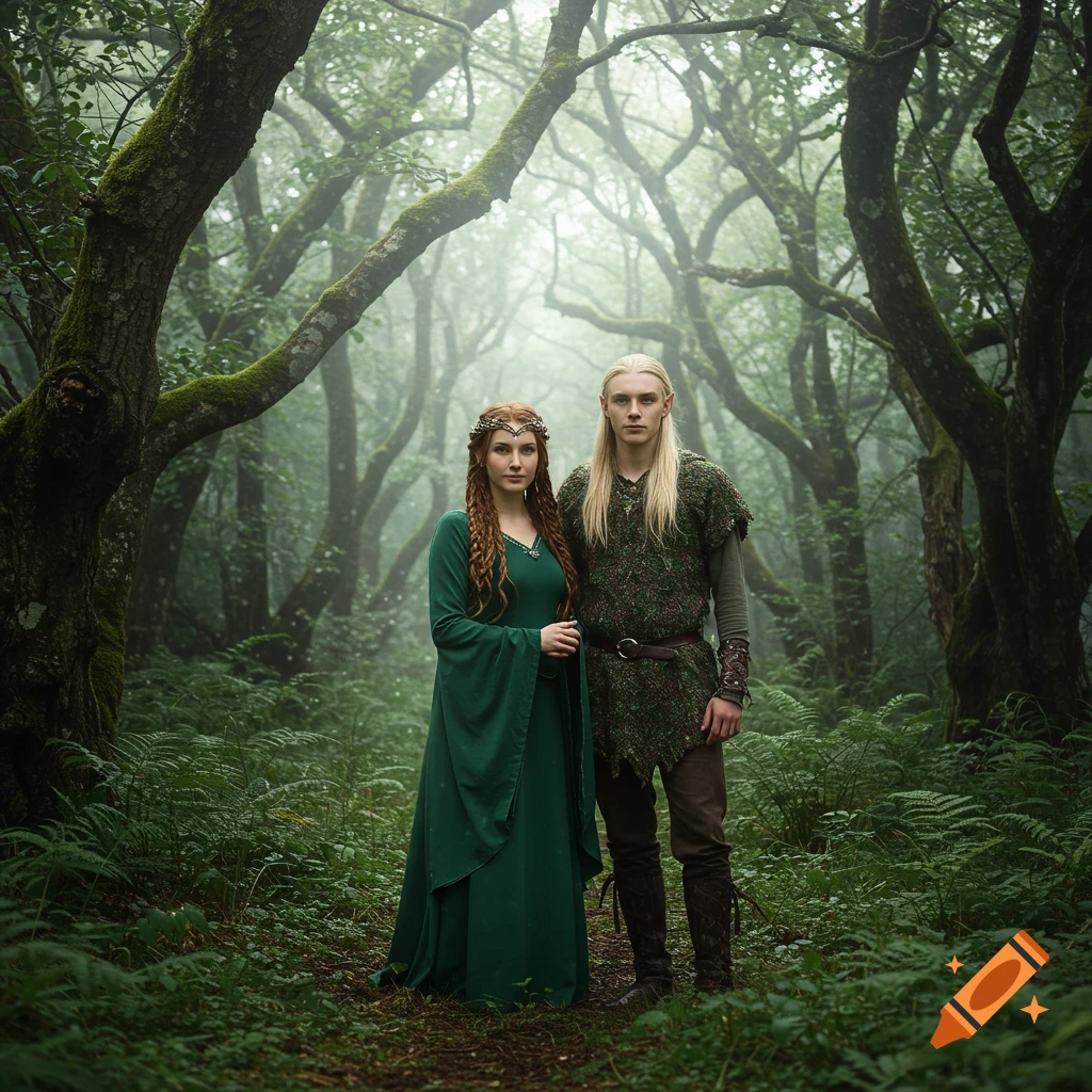 A female elf with red hair and a male elf with blonde hair stand in a misty forest.