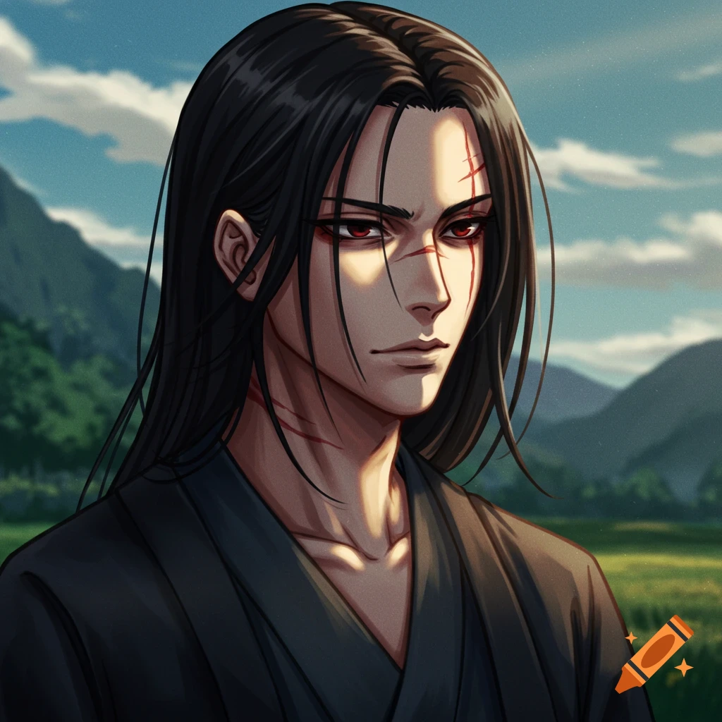 Anime portrait of man with long black hair, red eyes, and scars in a field.