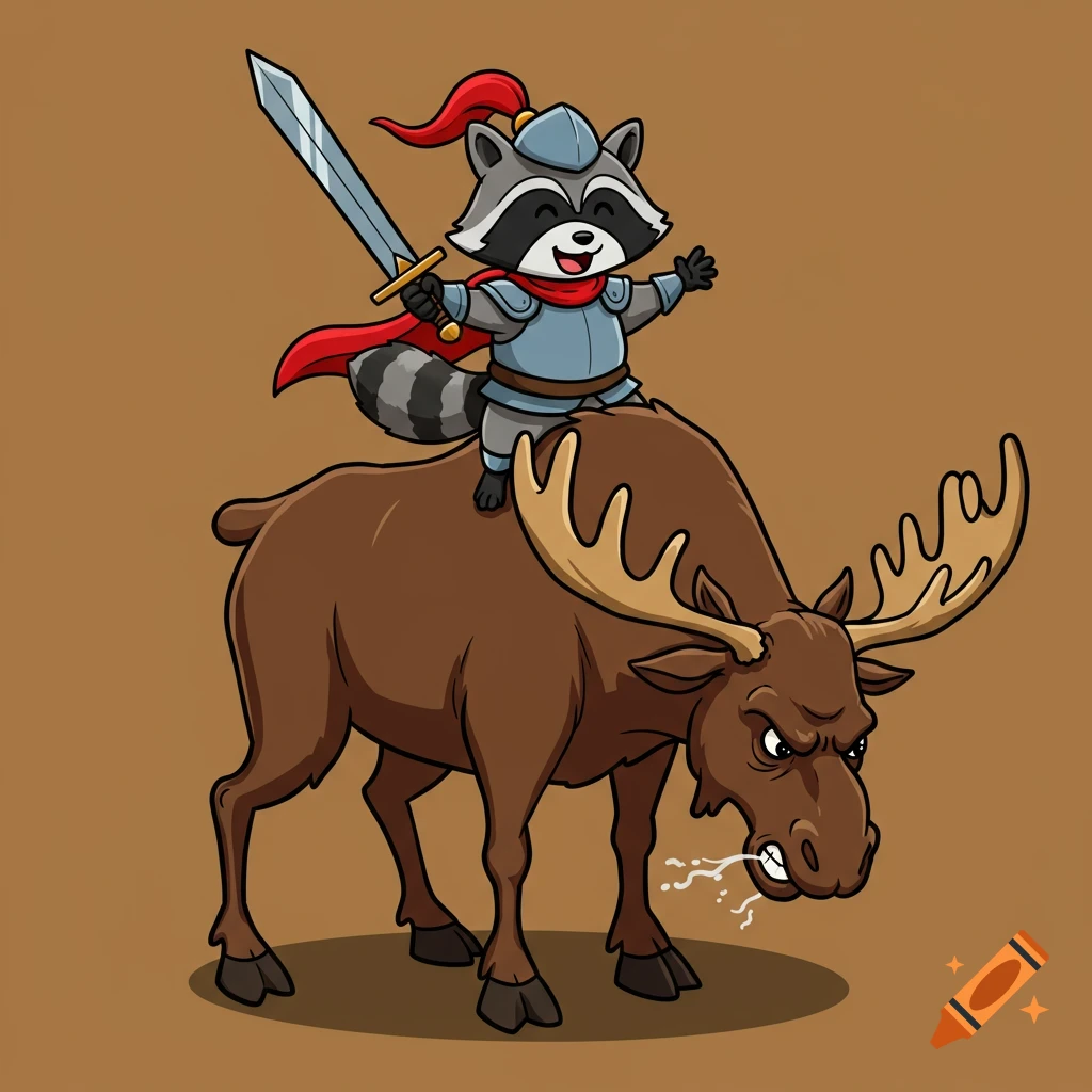 Cartoon raccoon knight rides an angry moose.