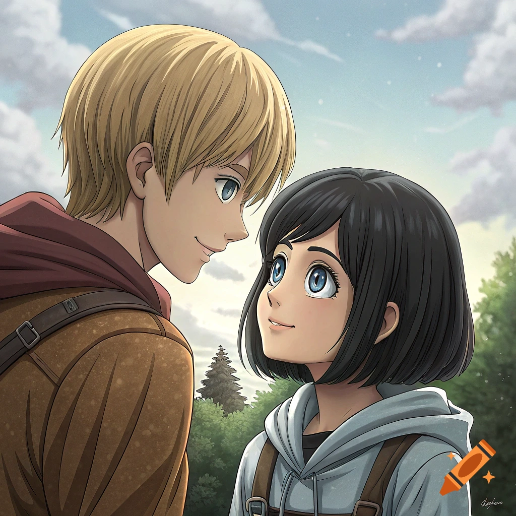 Anime illustration of a blonde male and black-haired female looking at each other outdoors.