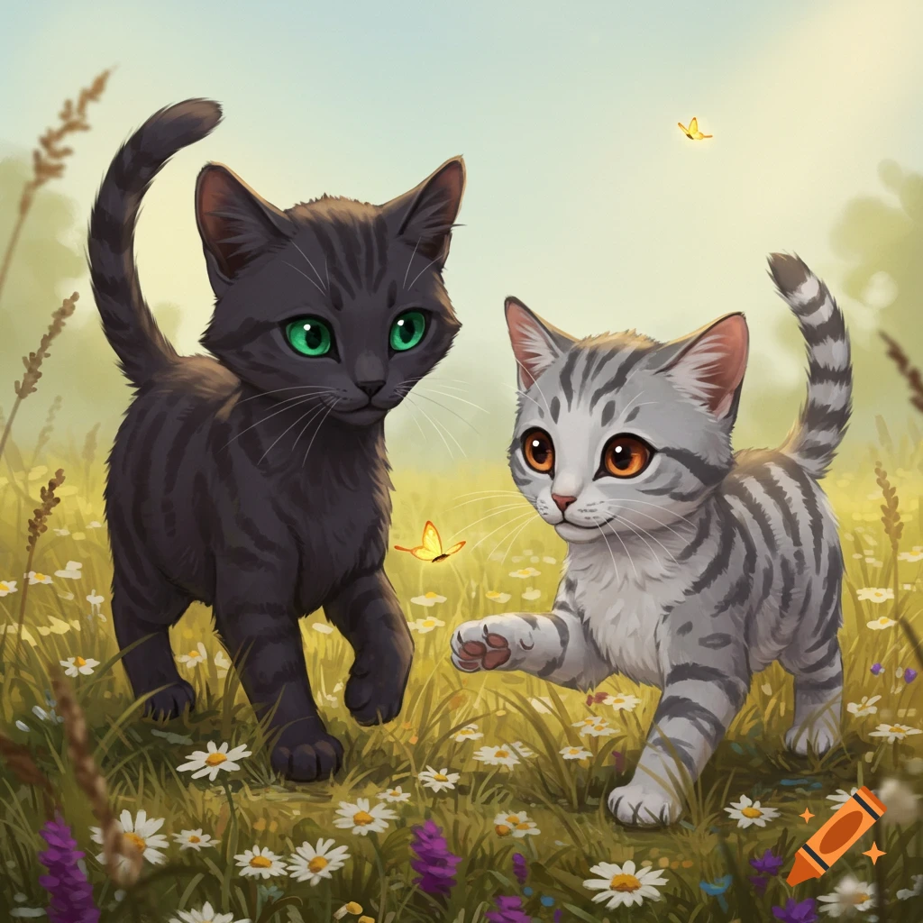 A dark gray kitten and a gray striped kitten playing in a field of wildflowers with butterflies.