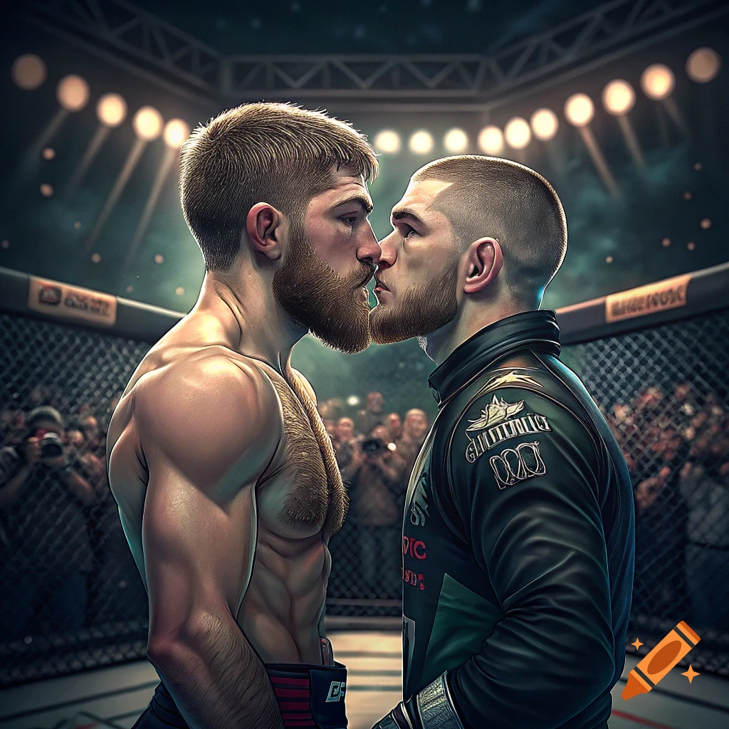 Two bearded male fighters face nose-to-nose in a UFC octagon under bright lights, with a crowd in the background.