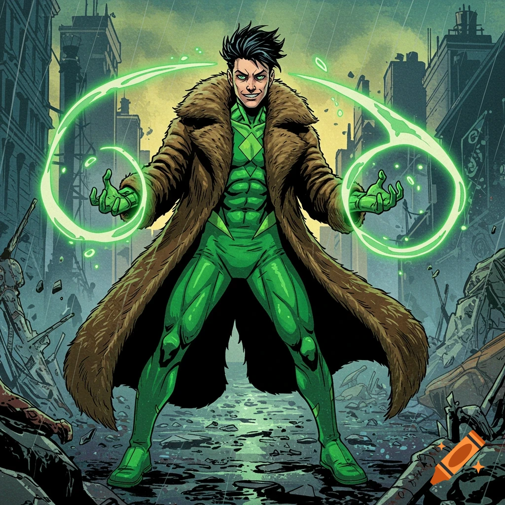 Comic book illustration of a superhero in a green suit and fur coat holding green energy in a ruined city.