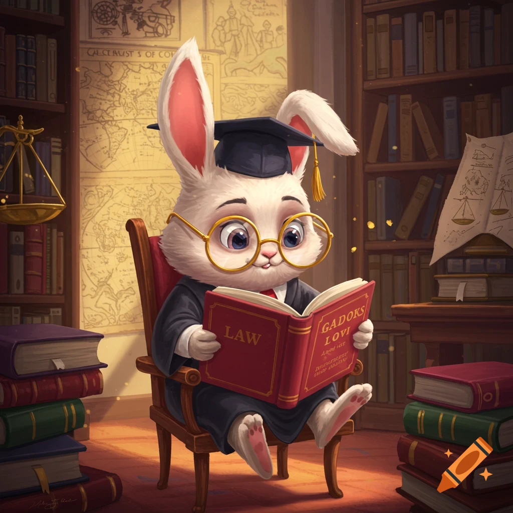 Cute cartoon rabbit in cap and glasses reading a law book in a library.