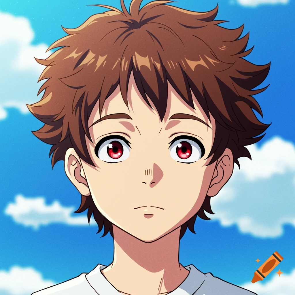 Anime portrait of a young boy with brown hair and red eyes against a blue sky
