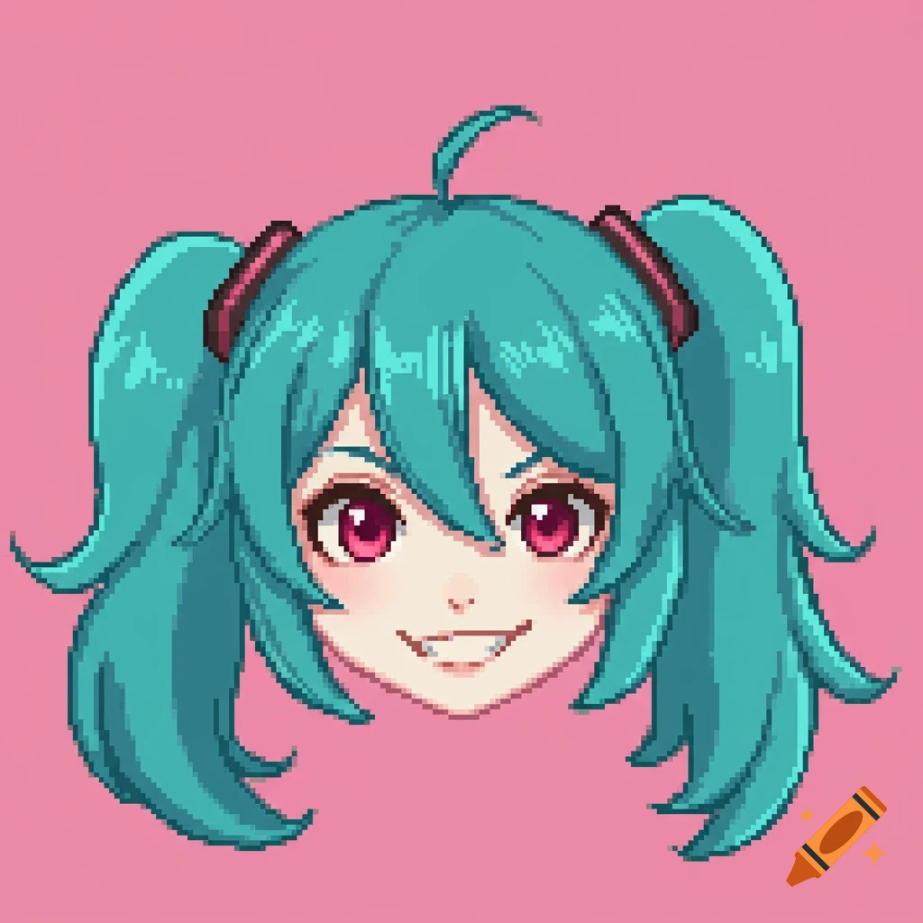 Pixel art headshot of an anime character with teal twintails, pink eyes, and a slight smile on a pink background.