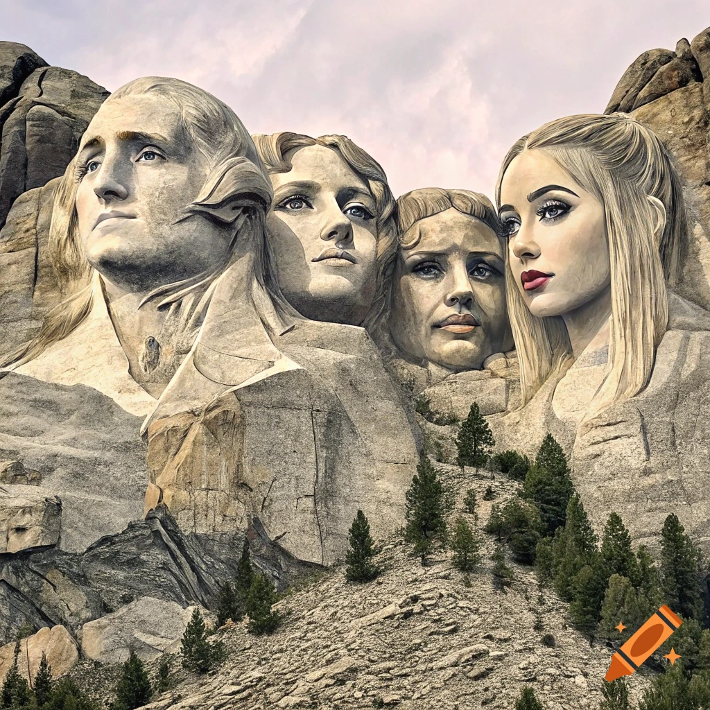 Four female celebrity faces carved into a rocky mountainside, similar to Mount Rushmore.