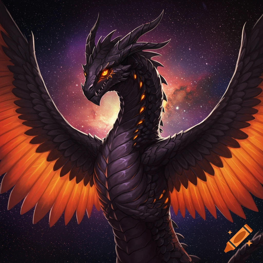 A black dragon with bright orange wings against a starry space background.