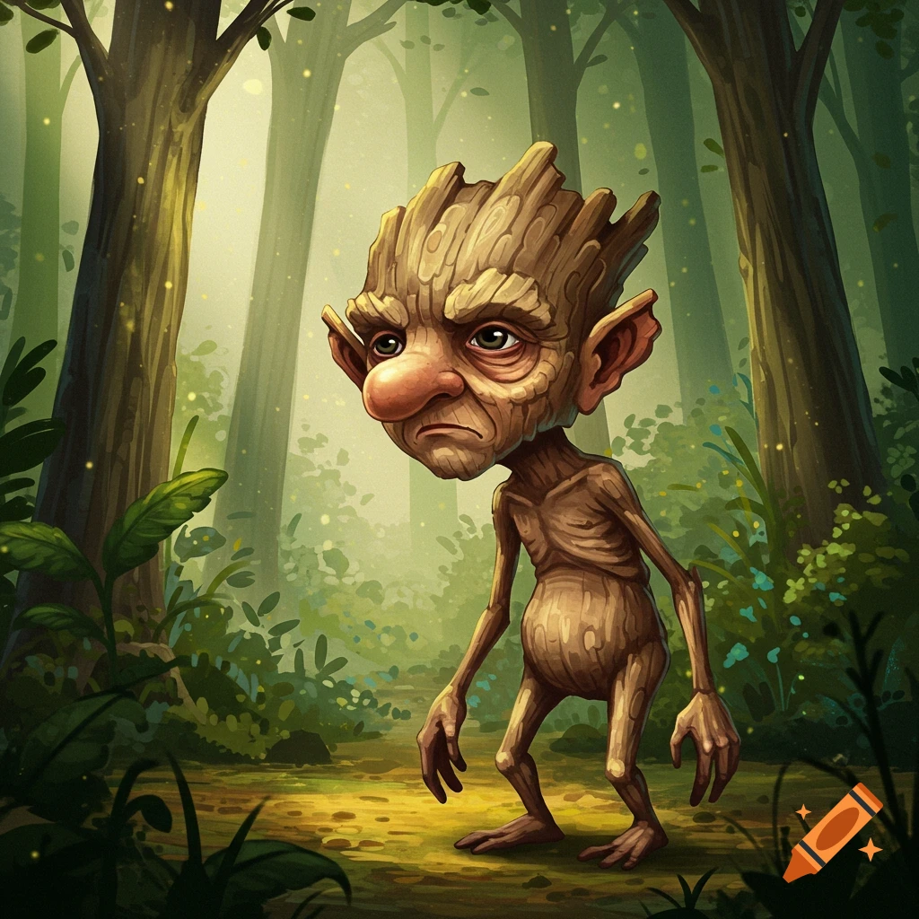 A skinny forest creature with bark skin, a large nose, and a grumpy expression stands in a forest clearing.