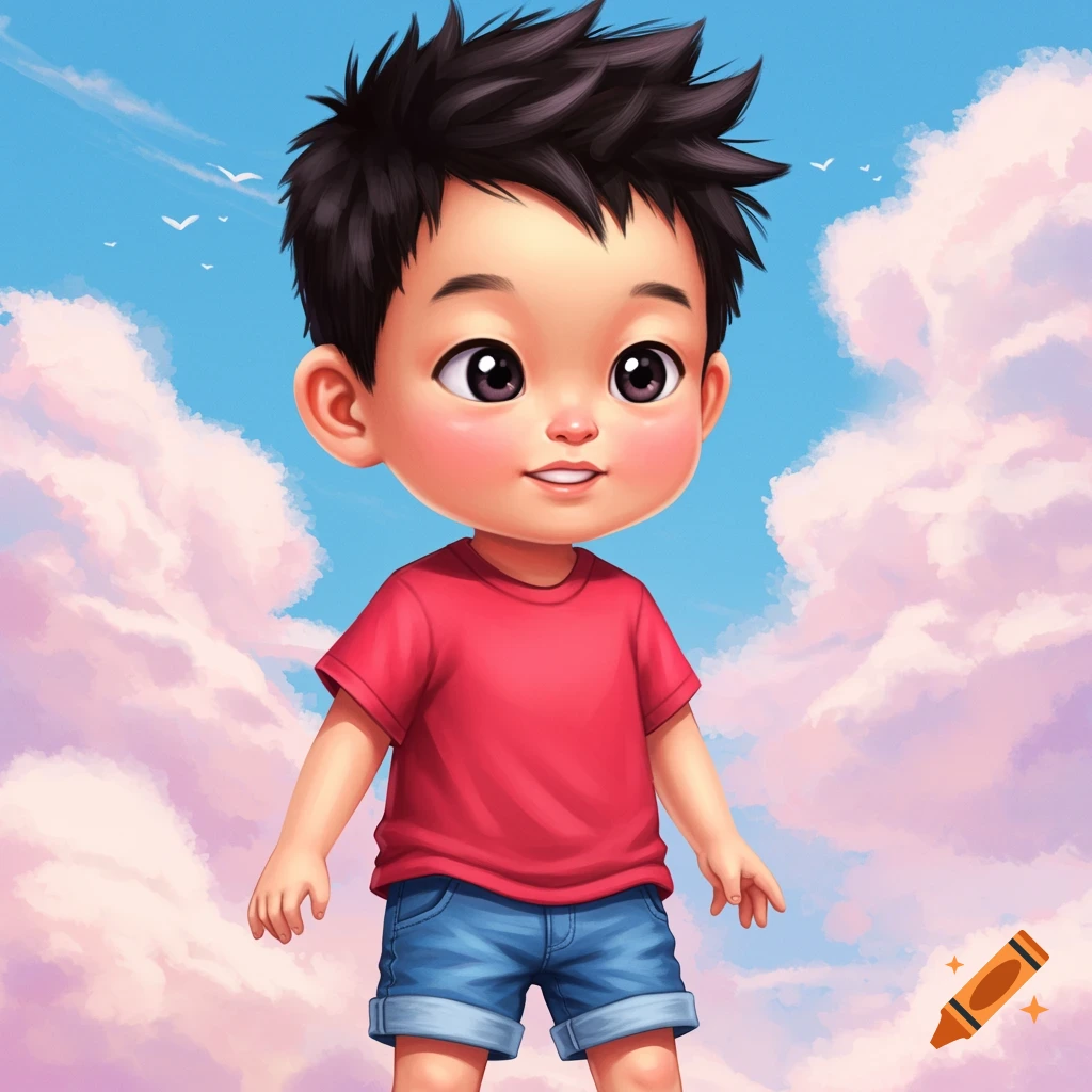 A cute cartoon boy with spiky hair and a red shirt, standing against soft clouds and a blue sky.