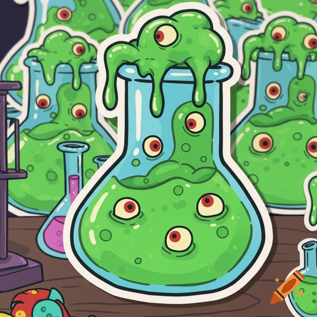 Cartoon sticker of bubbling green slime with red eyeballs spilling from lab flasks