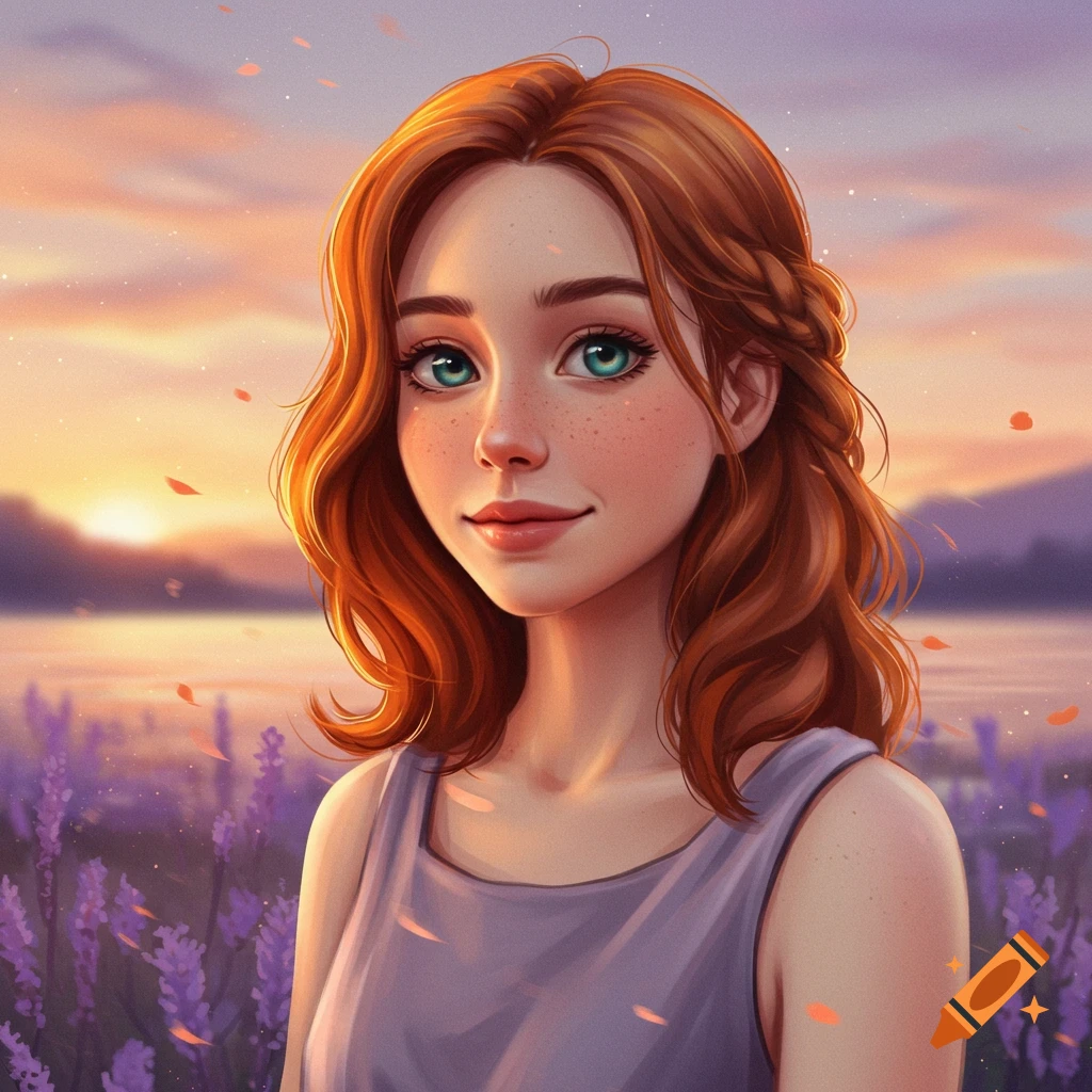 A woman with red hair and green eyes is in a field of lavender at sunset.