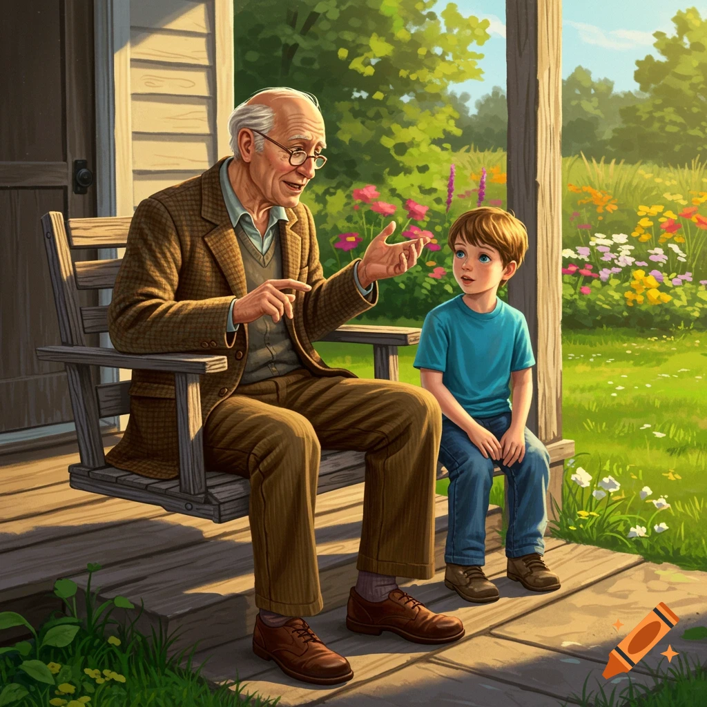 An elderly man and young boy are talking on a porch swing in a garden.