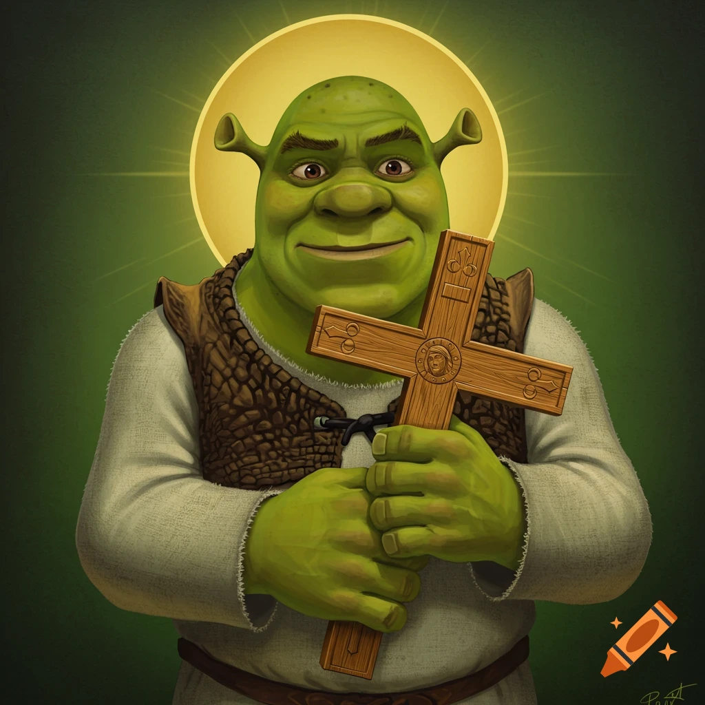 Shrek with a halo holding a wooden cross.