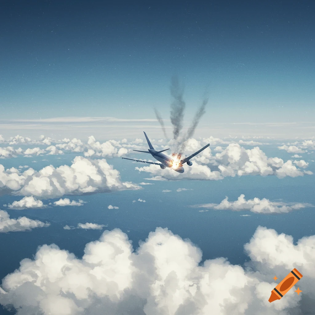 A plane with a burning engine crashing in the sky over clouds.