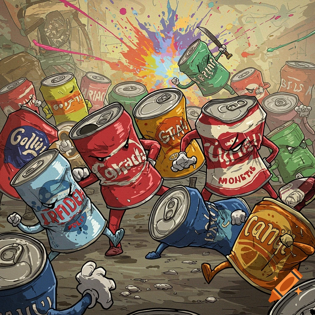 Anthropomorphic soda cans fighting.