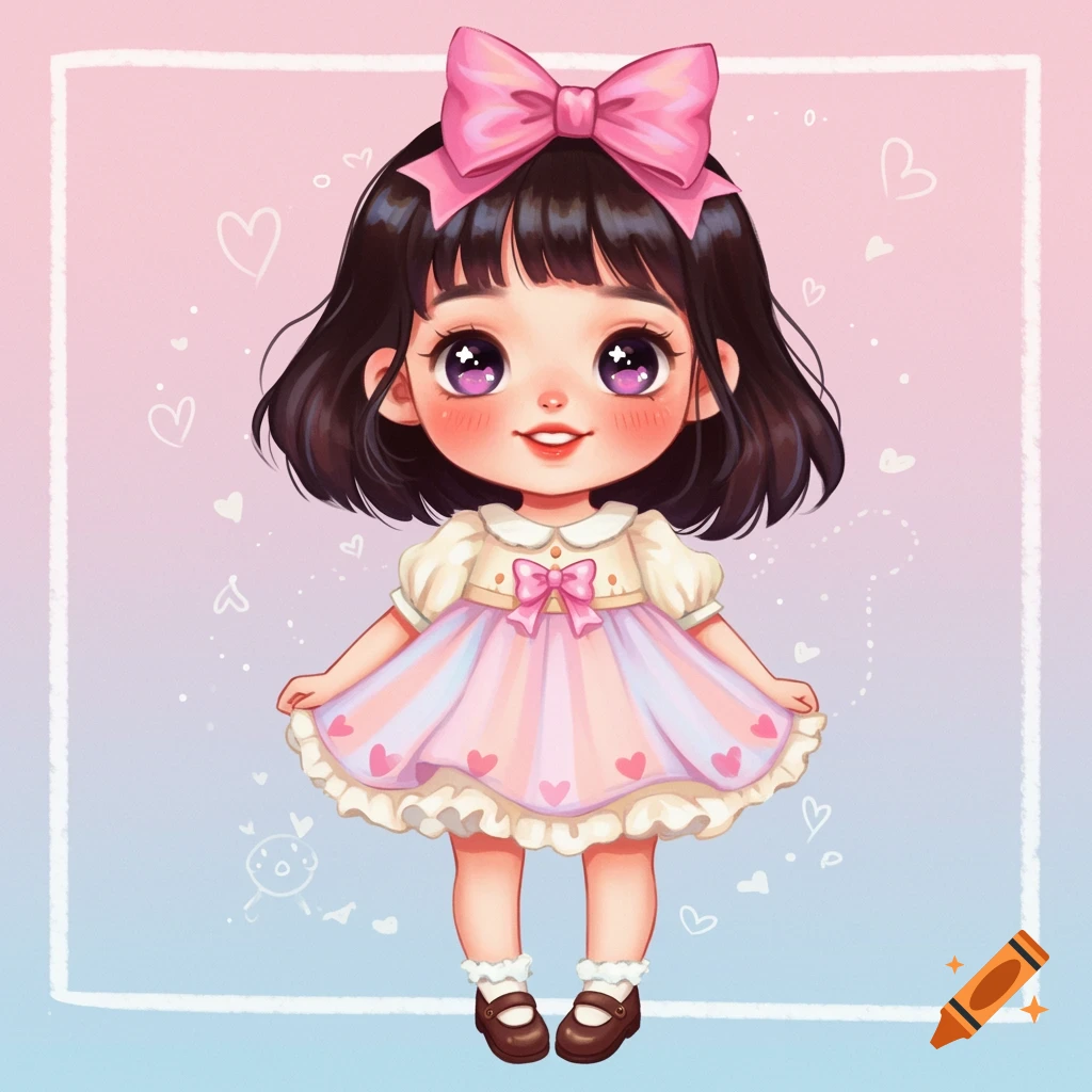 Cute illustration of a young girl with a pink bow and pastel dress against a gradient background with hearts.