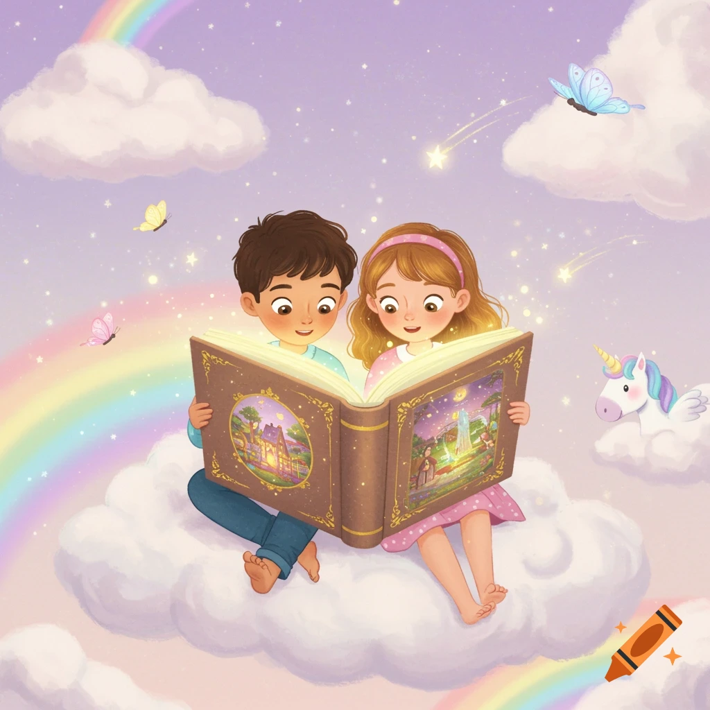 Whimsical illustration of two children reading a magical book on a cloud with a rainbow, unicorn, and butterflies.