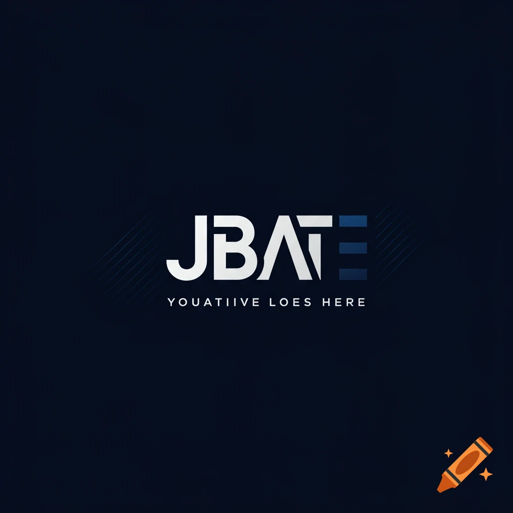 White and blue logo with text JBATE and YOUATIIVE LOES HERE on a dark background.