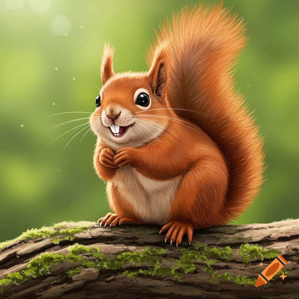 A cute cartoon red squirrel sits on a mossy branch, smiling and showing its two front teeth.