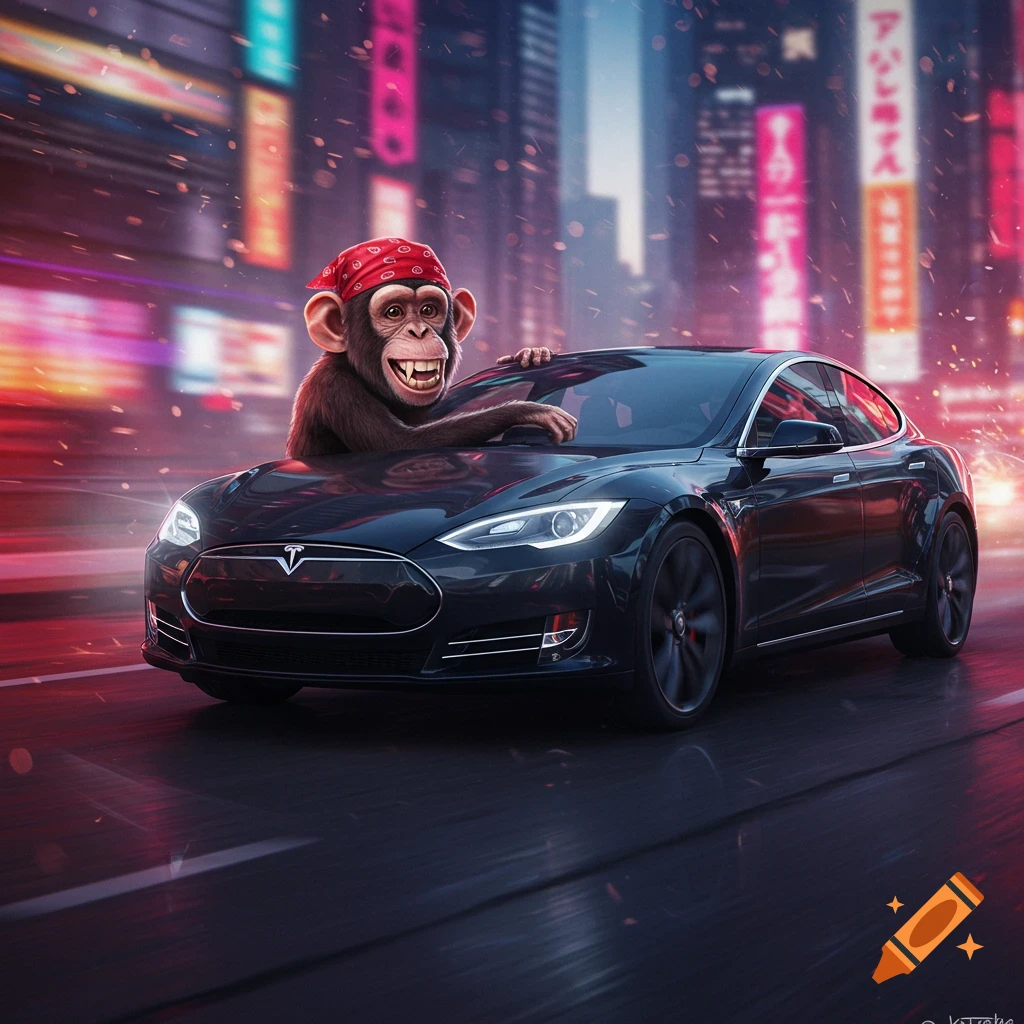 A monkey in a red bandana leans from a black Tesla car on a city street at night with neon signs.