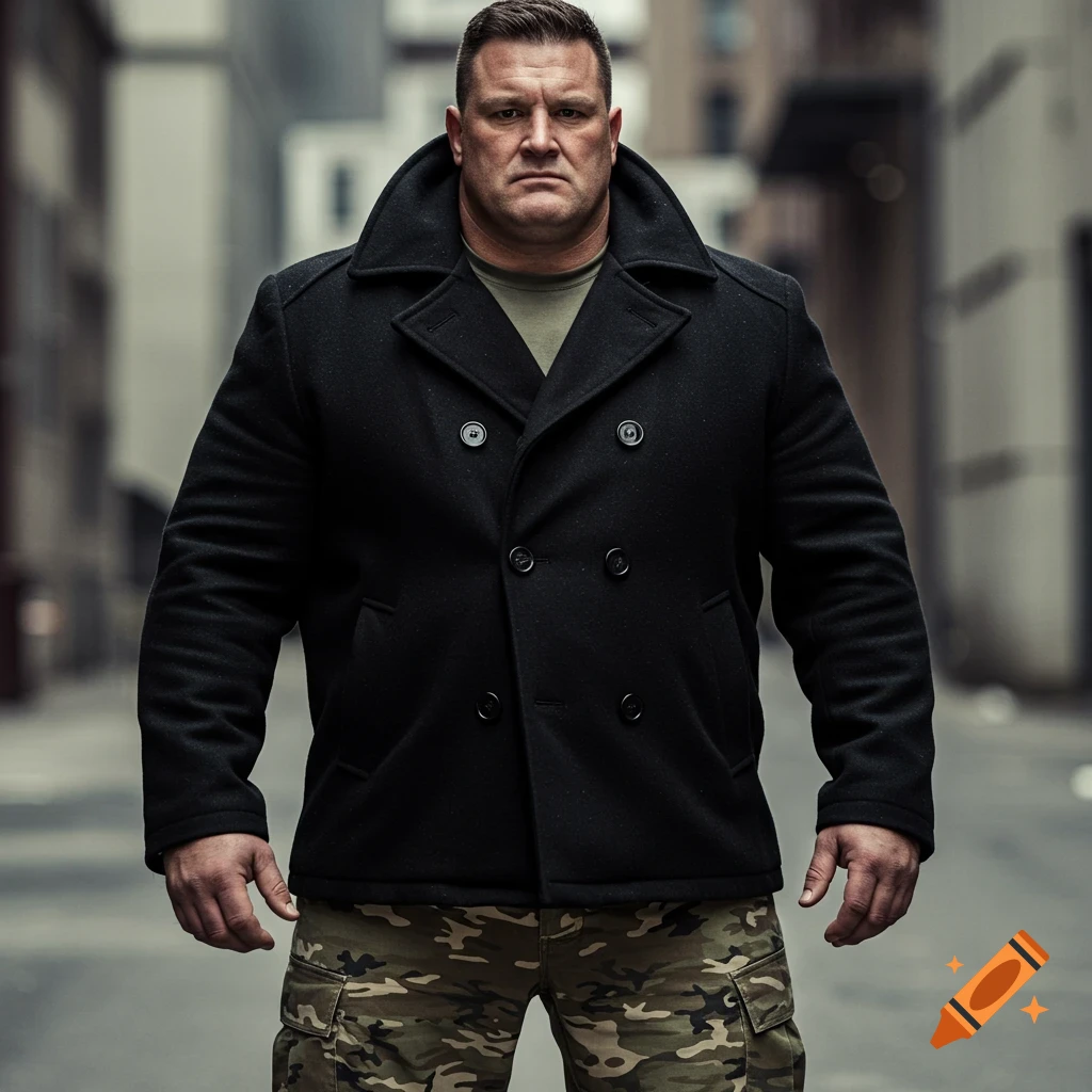 A strong man wearing a black pea coat and camo pants stands in an urban alley.