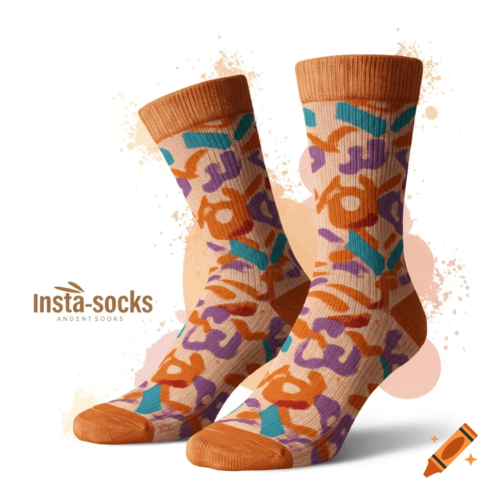 A pair of orange and beige socks with a colorful abstract pattern and 'Insta-socks' logo.