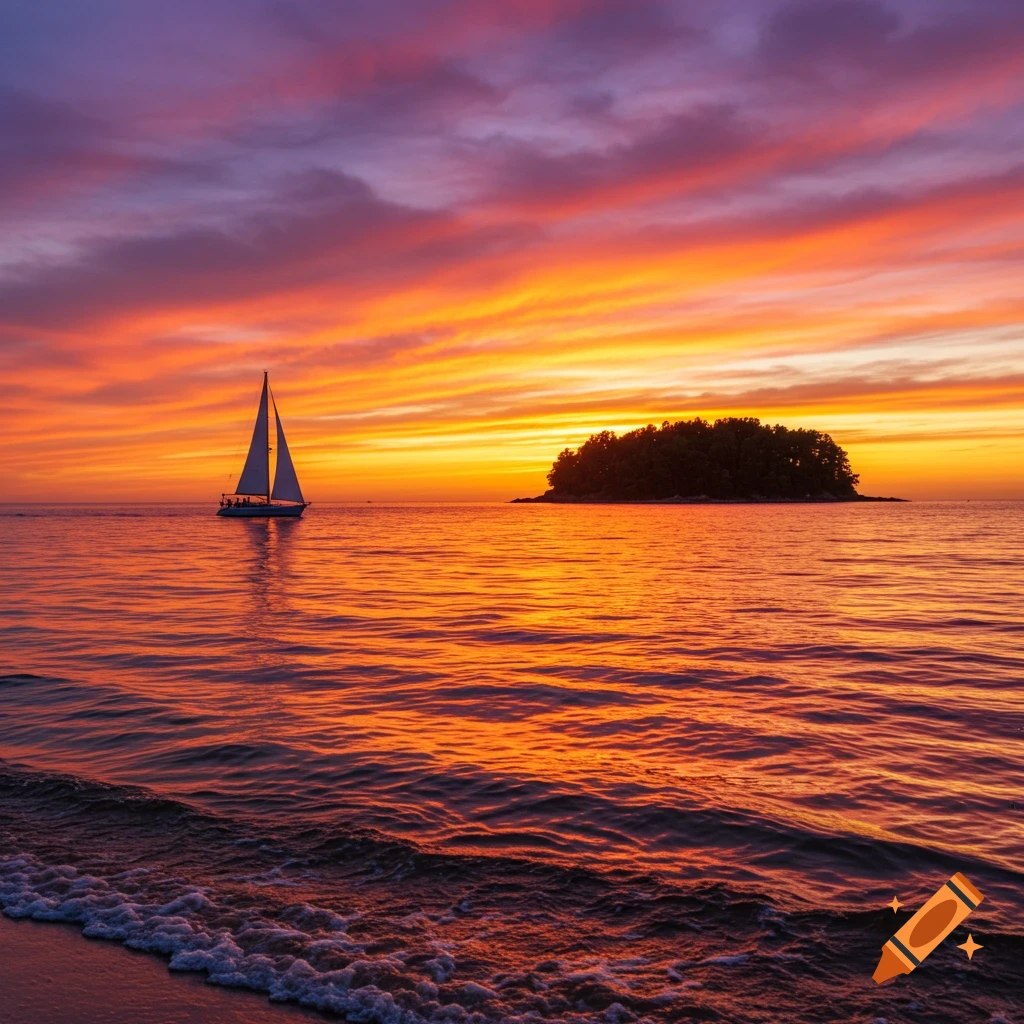 A sailboat glides across the water towards an island at sunset. The sky is filled with vibrant orange and purple clouds.