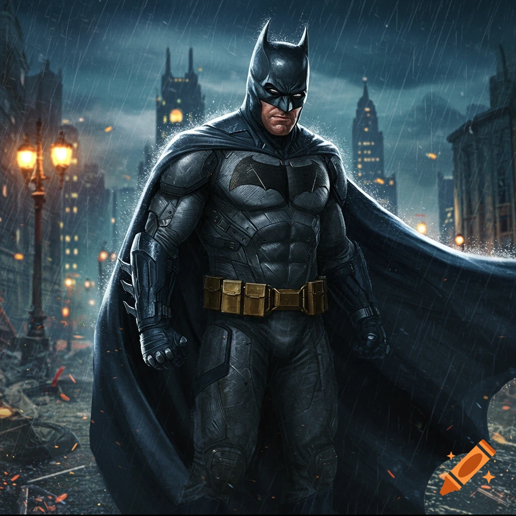 Batman standing in a rainy city street at night
