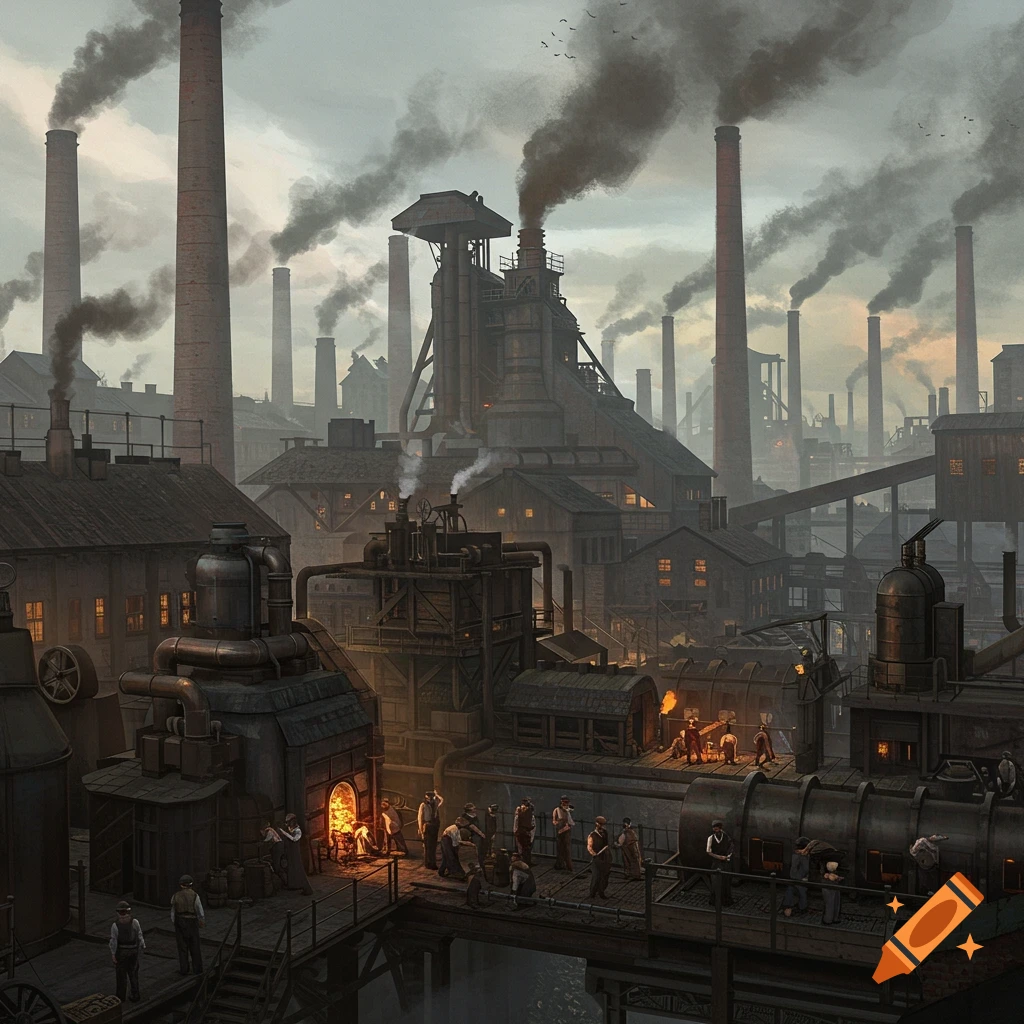 A sprawling industrial complex with many smokestacks and workers.